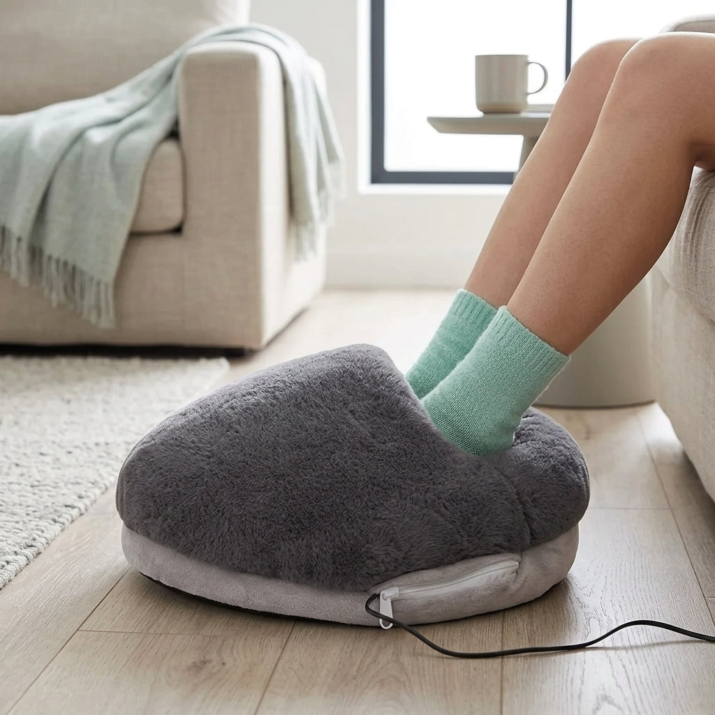 Foot warmer for feet shown with the USB cable plugged in, demonstrating the safe 5V low-voltage heating for continuous warmth.