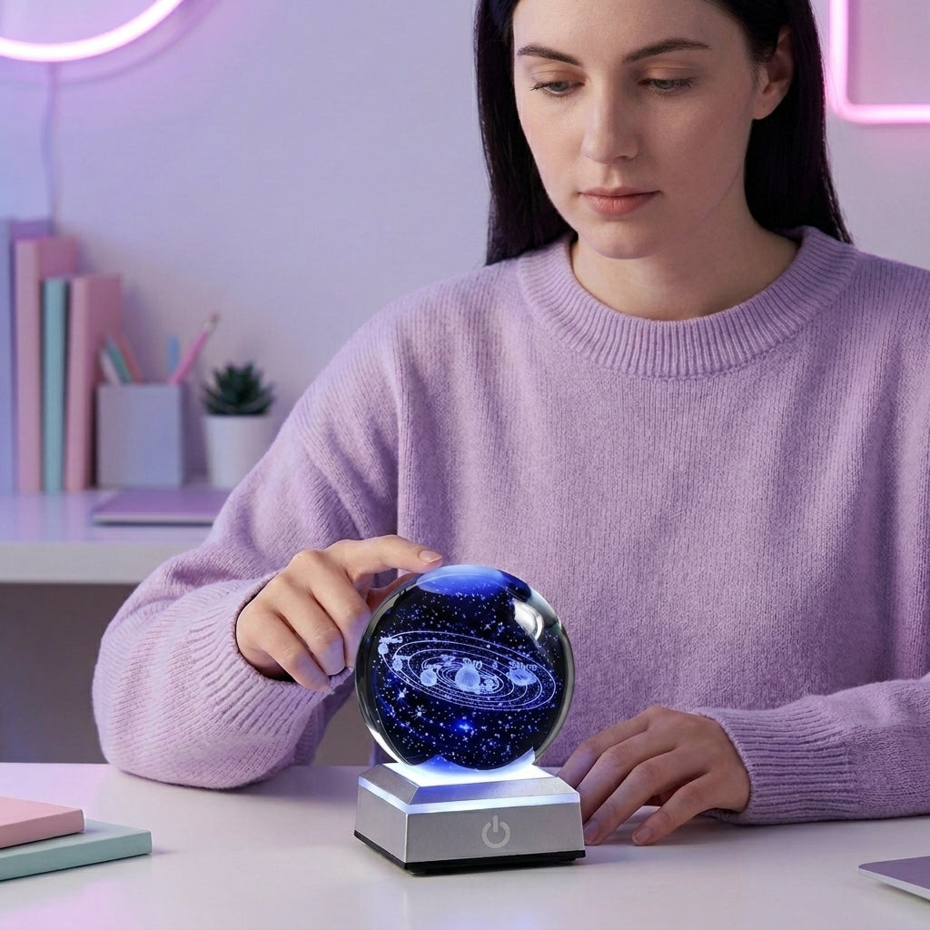 Woman holding a galaxy glass ball, showing the 3D engraved solar system inside.