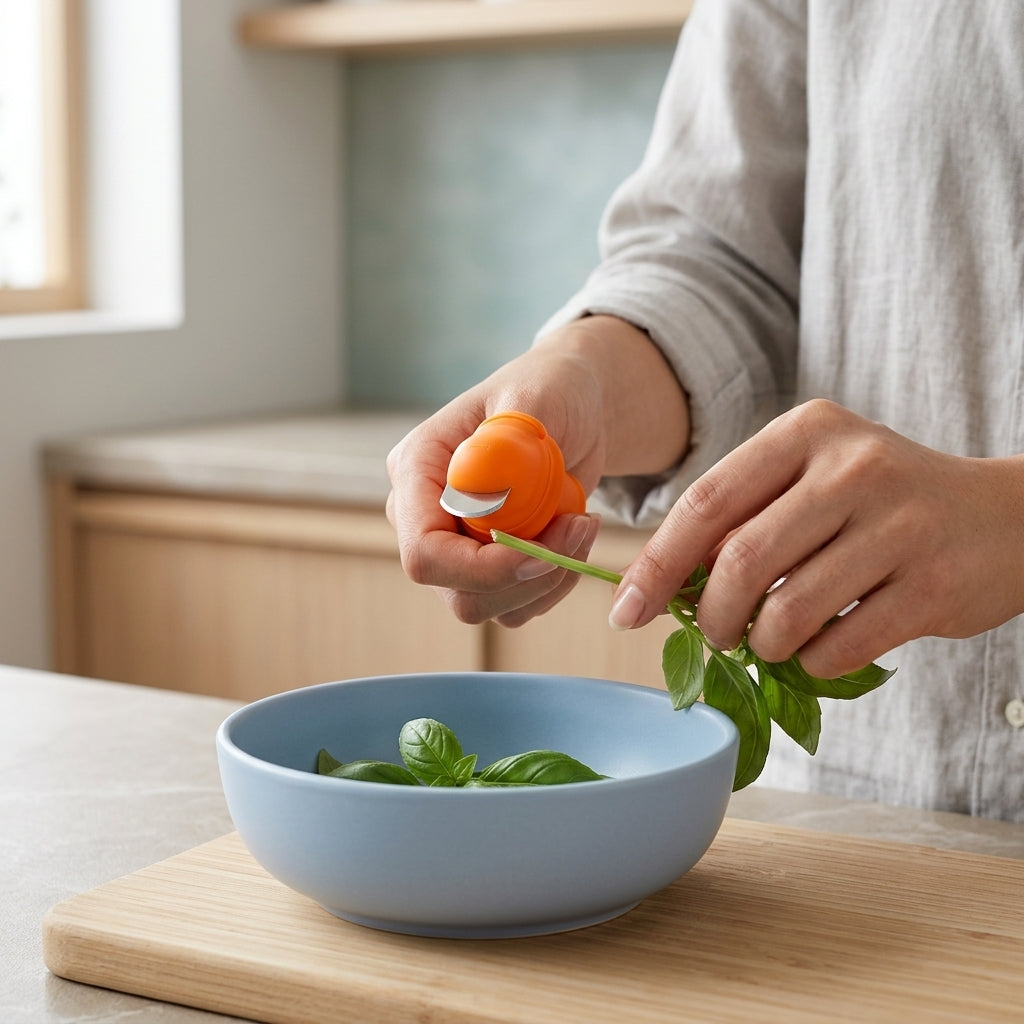 Hands using a garden harvest knife to cut fresh herbs into a bowl, demonstrating the clean one-motion cutting action.