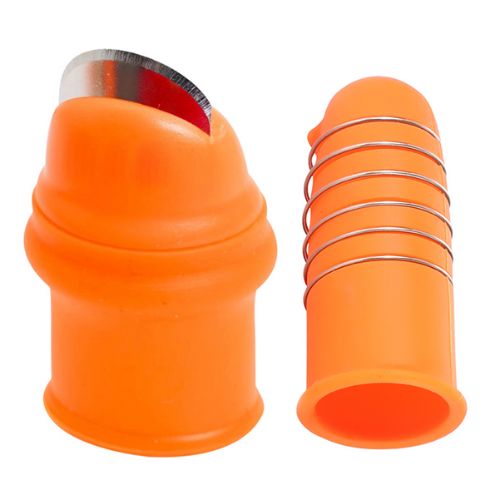 Two silicone garden knife tools shown side by side, displaying the ribbed grip and arc blade from front and back.