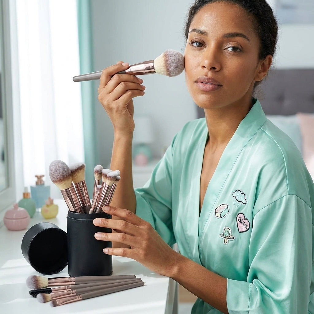 Woman applying makeup with good makeup brushes, showing the soft fluffy bristles blending foundation seamlessly for an airbrushed finish.