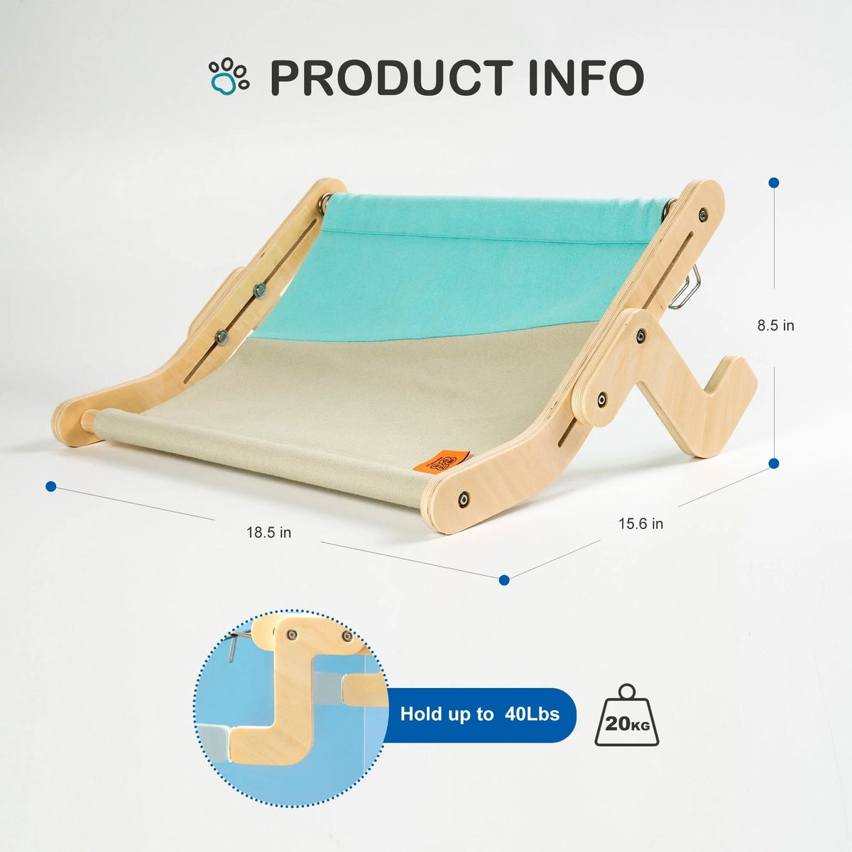 Product dimensions and measurements for the adjustable hanging cat hammock.