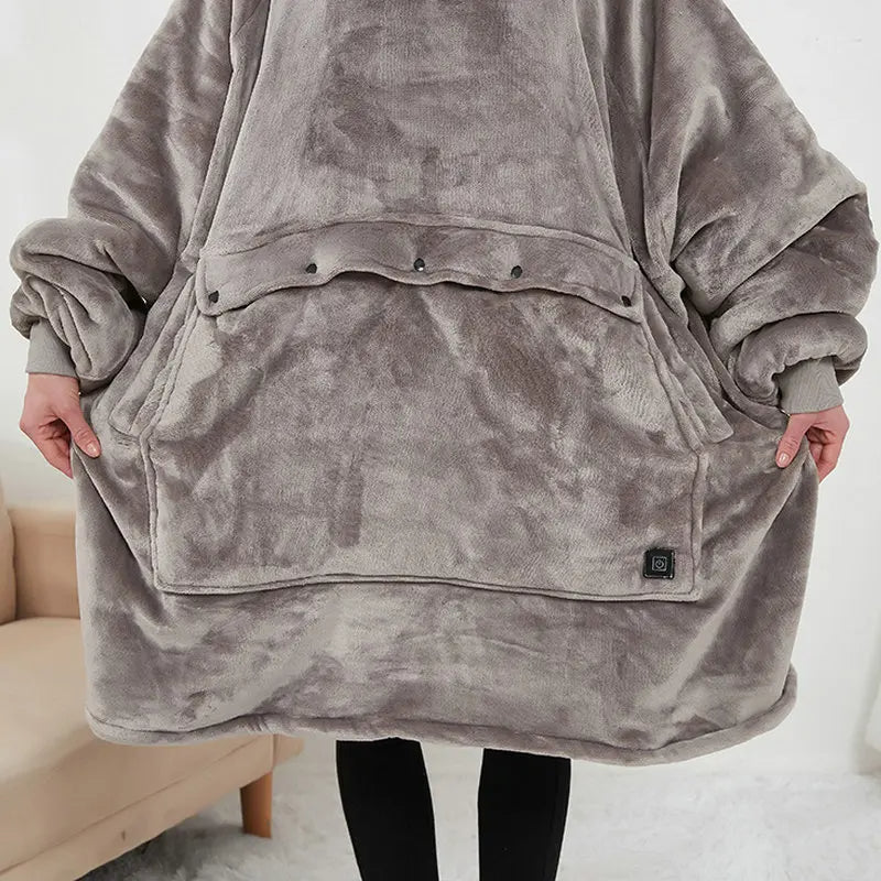 Heated hoodie blanket showing the USB heating connection, with adjustable heat settings for all-day warmth while working from home.