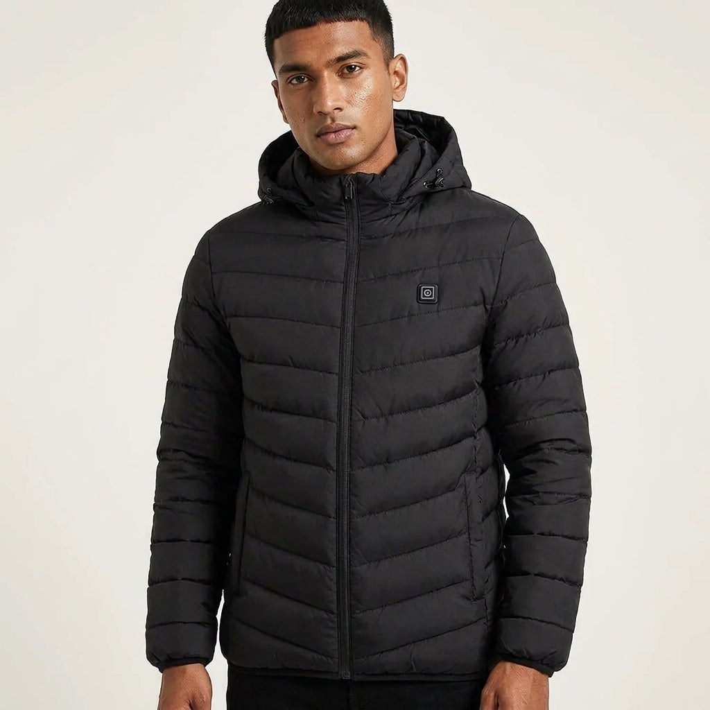 Male model wearing a stylish and warm heated jacket for men outdoors.