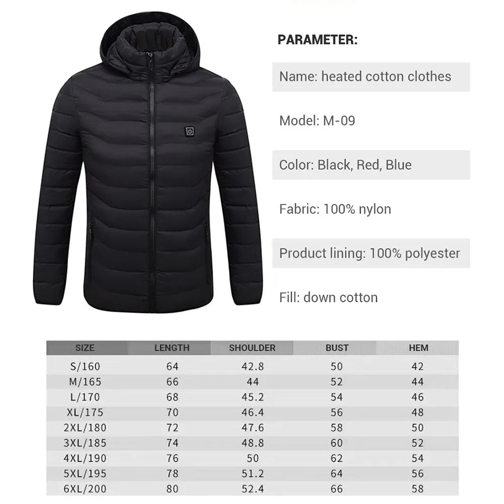Size chart and specifications for the men's heating jacket, available S to 6XL in black, red, and blue.