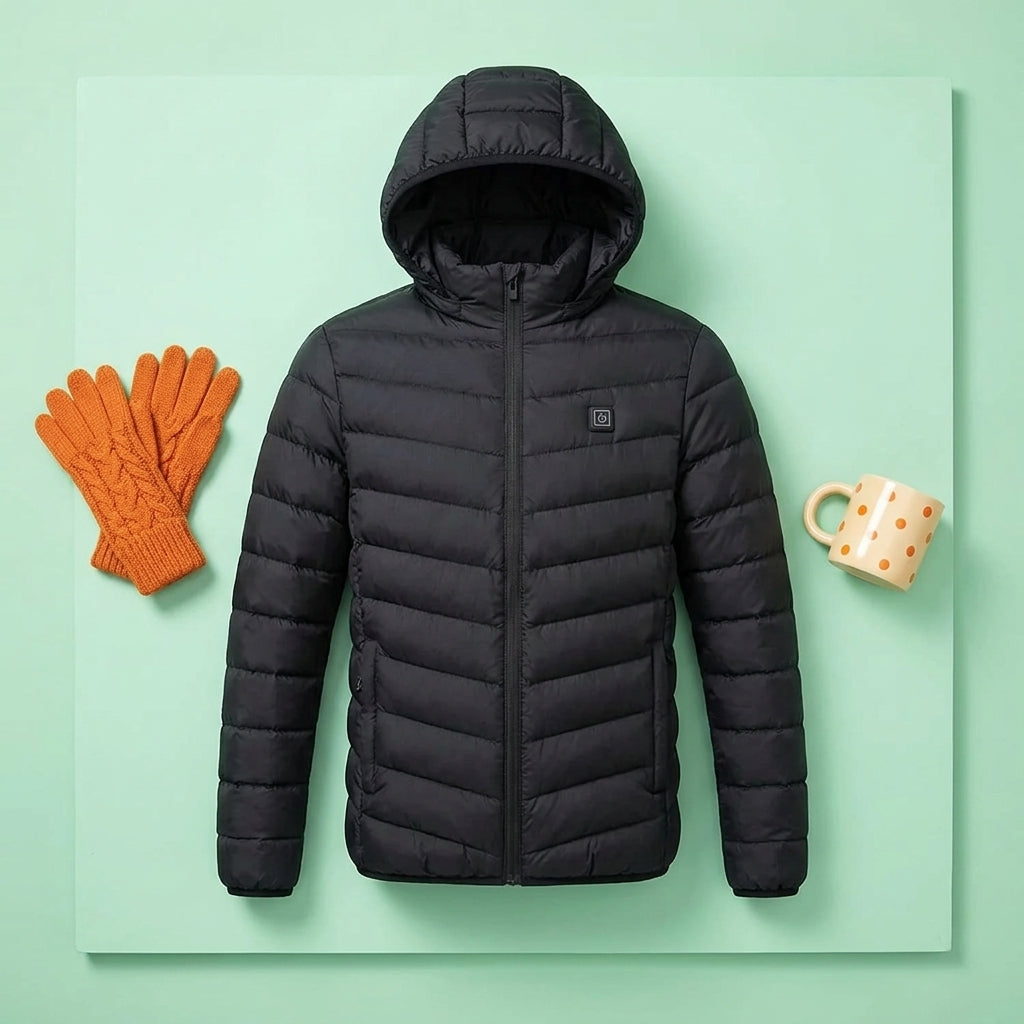 Black heated jacket for women displayed with orange winter gloves.