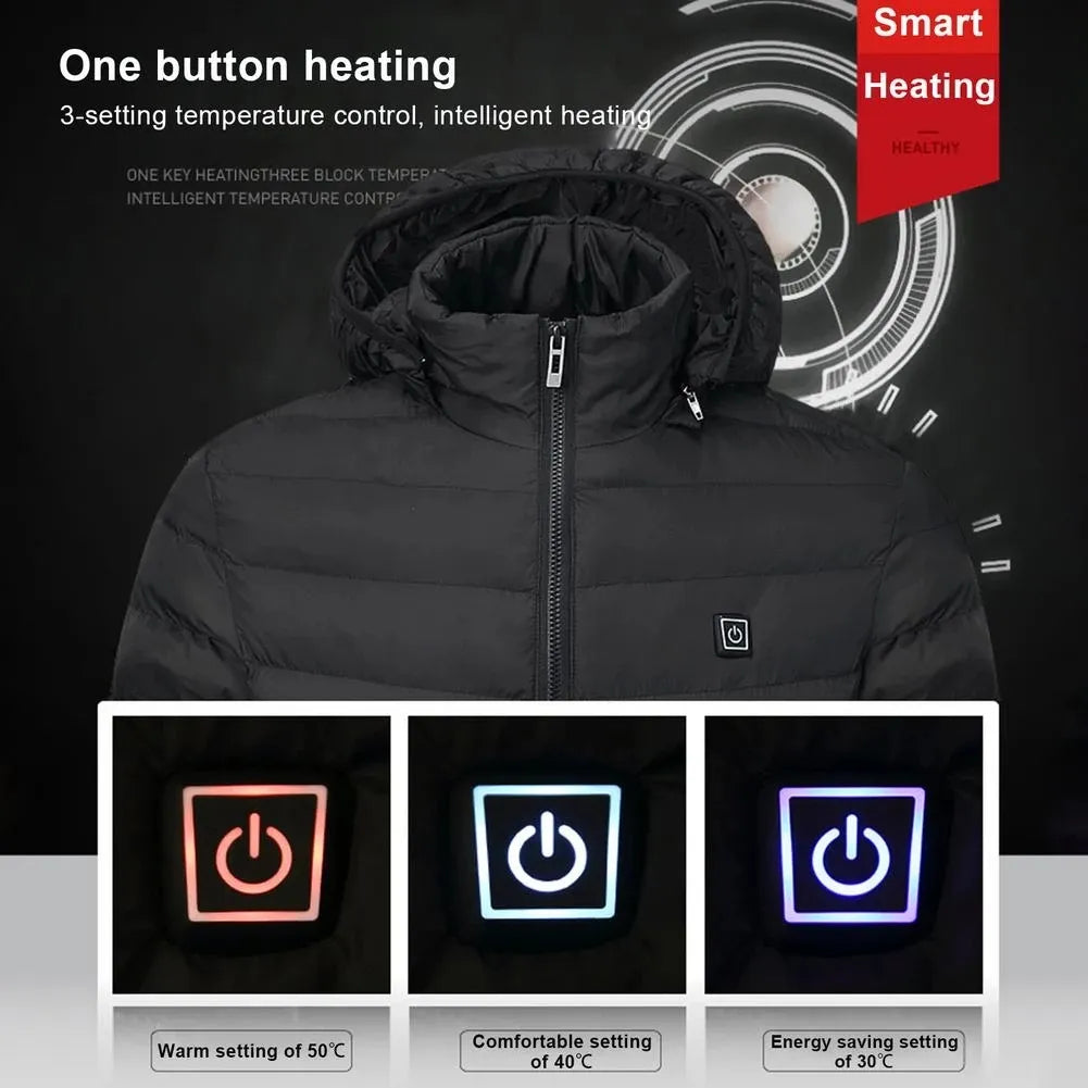 Close-up of the one-button temperature control on the electric heated vest.