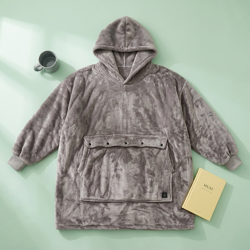 Hoodie blanket laid flat showing the soft flannel texture, oversized front pocket, and relaxed wearable blanket design.
