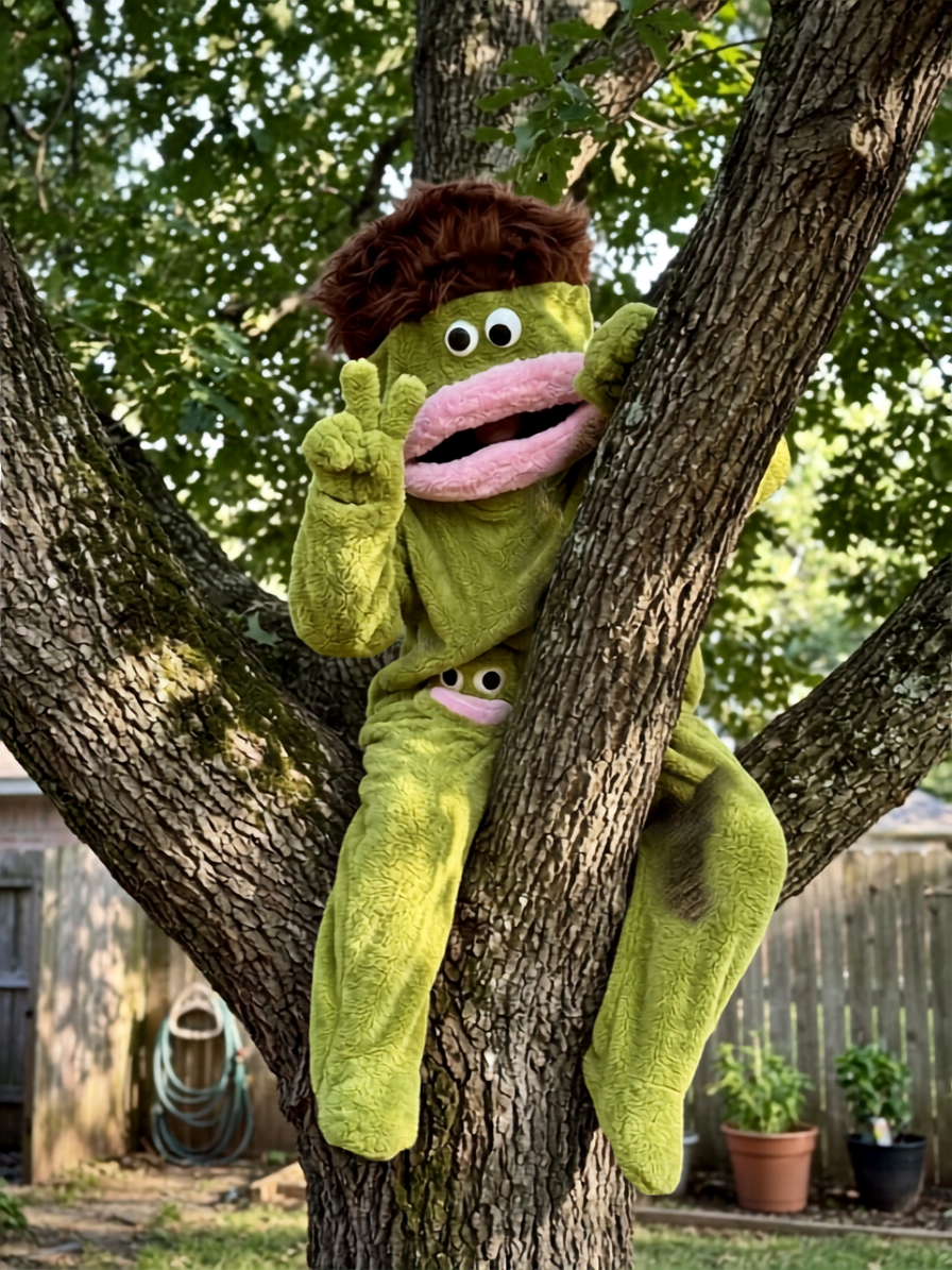 Fun green mascot sitting in a tree — representing premium quality at I Just Can't Help Myself