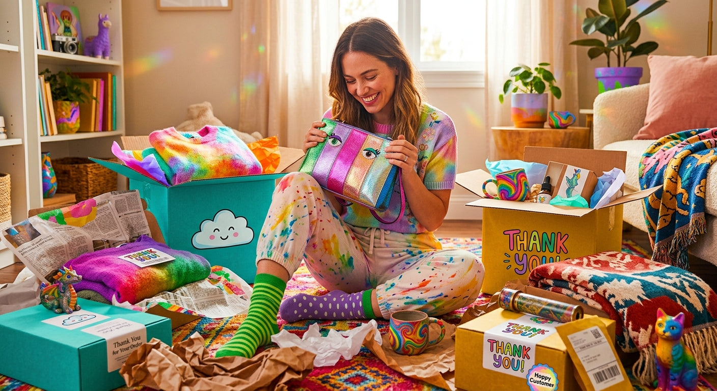 Woman happily unboxing colourful quirky gifts and gadgets from I Just Can't Help Myself