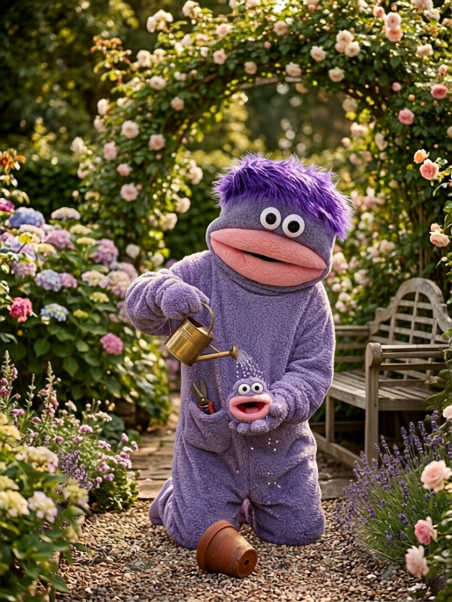 Purple mascot watering plants in a garden — representing secure delivery at I Just Can't Help Myself
