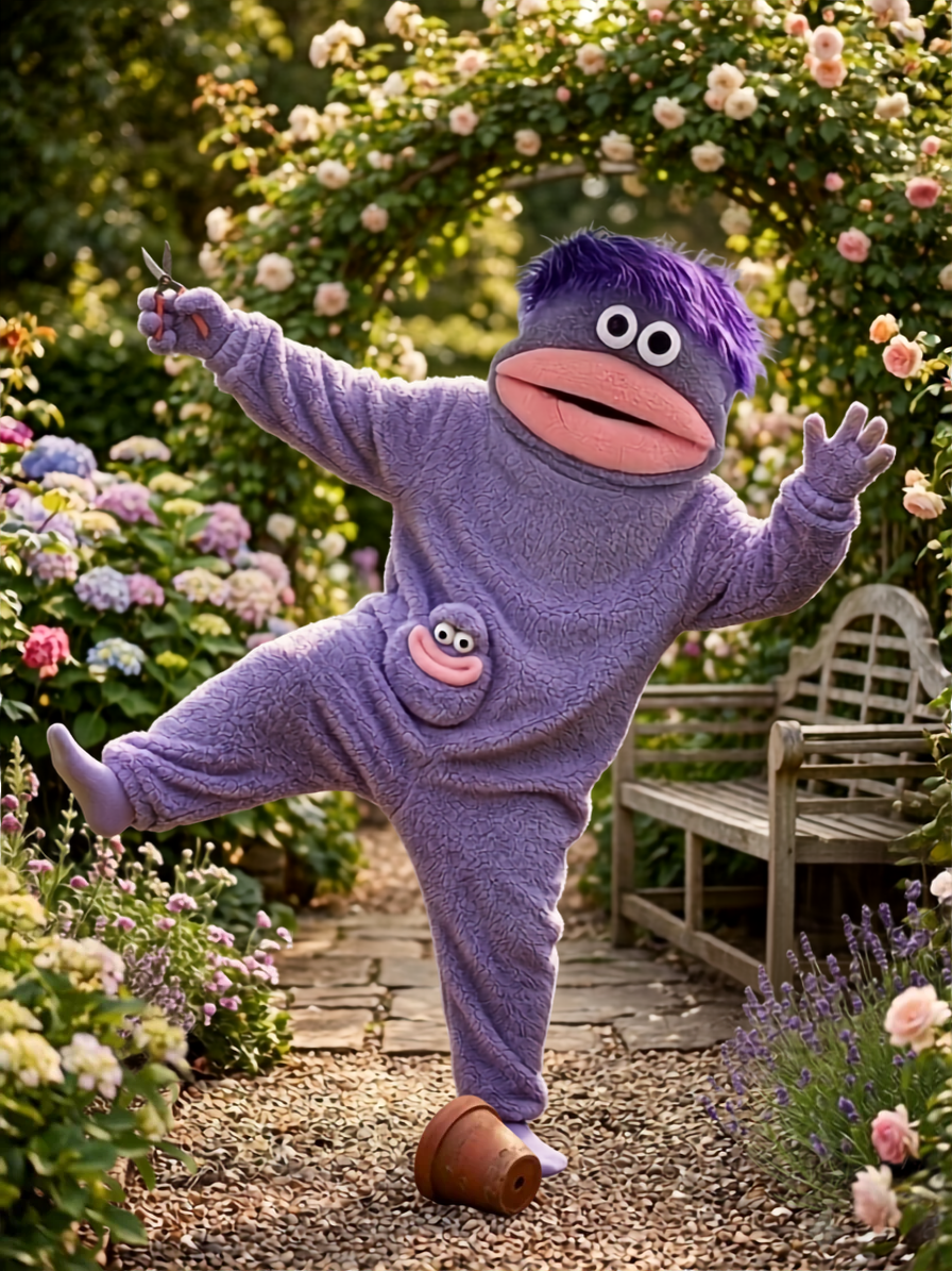 Quirky purple mascot posing in a flower garden — I Just Can't Help Myself brand character