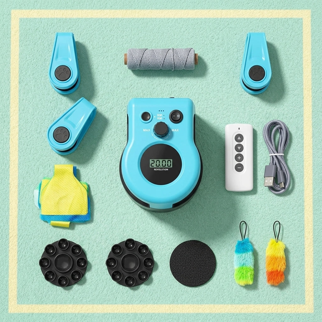 Interactive cat toy treadmill shown with all accessories including interchangeable lures, remote control, and USB charging cable.
