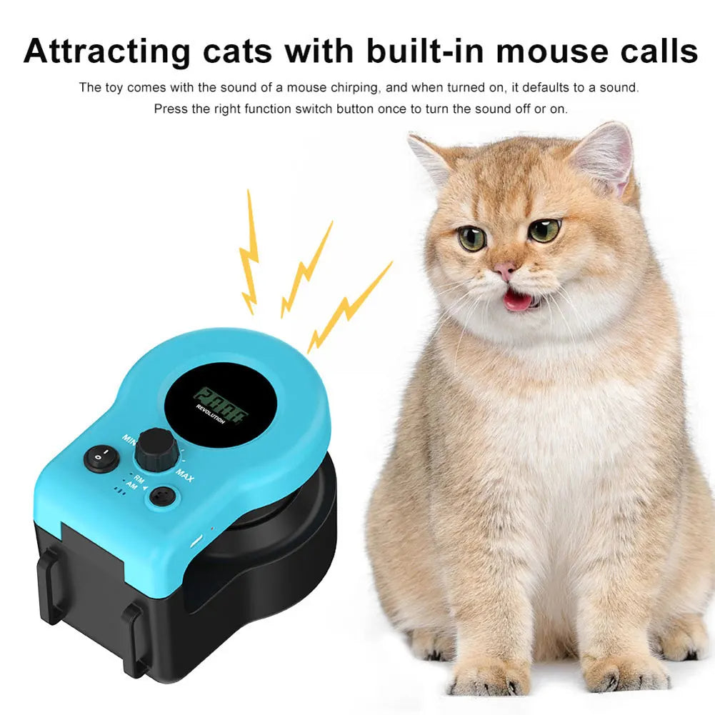 Interactive cat toys for indoor cats showing the silent motor unit, adjustable speed dial, and interchangeable lure attachment point.