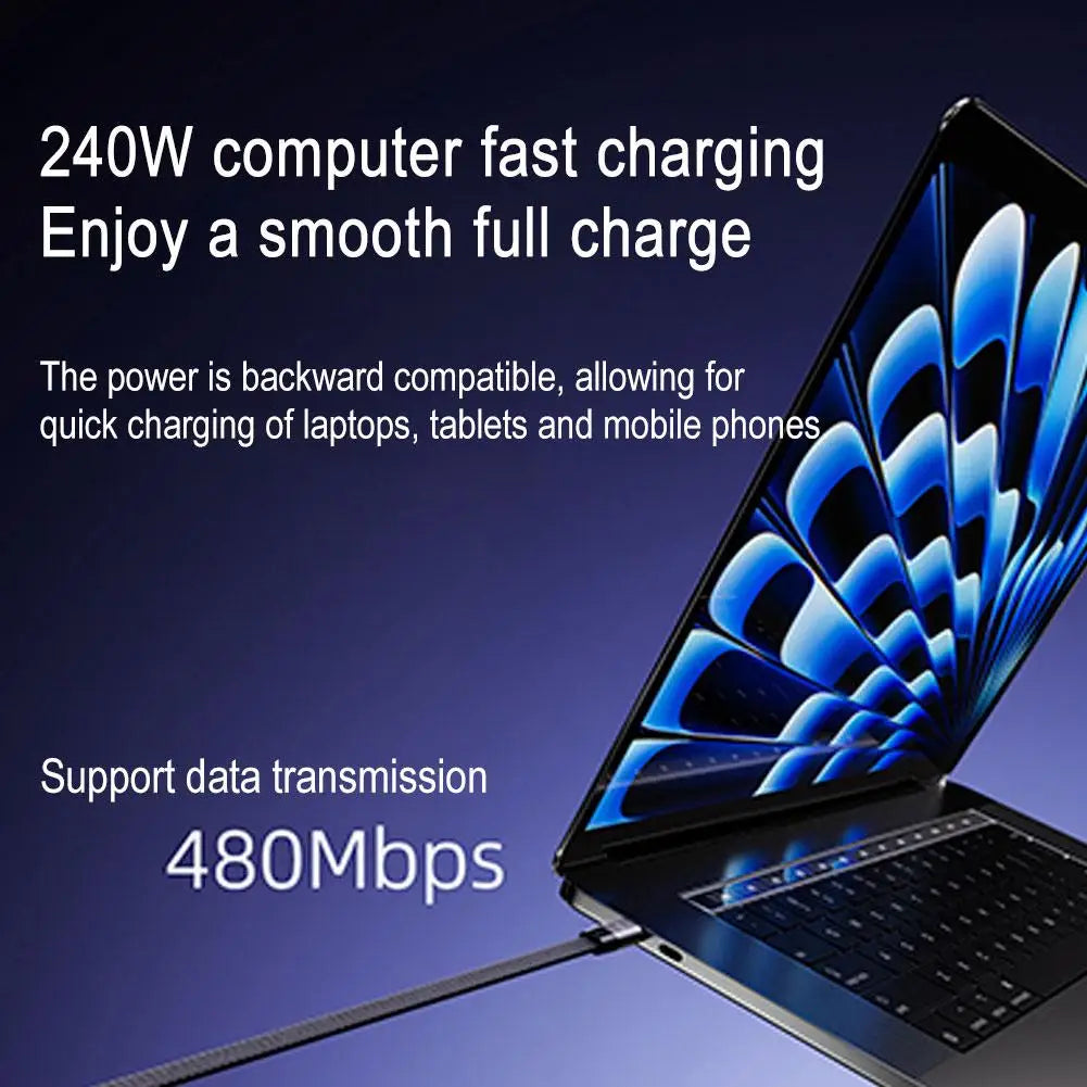 iPhone USB cable and laptop fast charging infographic showing 240W power delivery for simultaneous phone and computer charging.