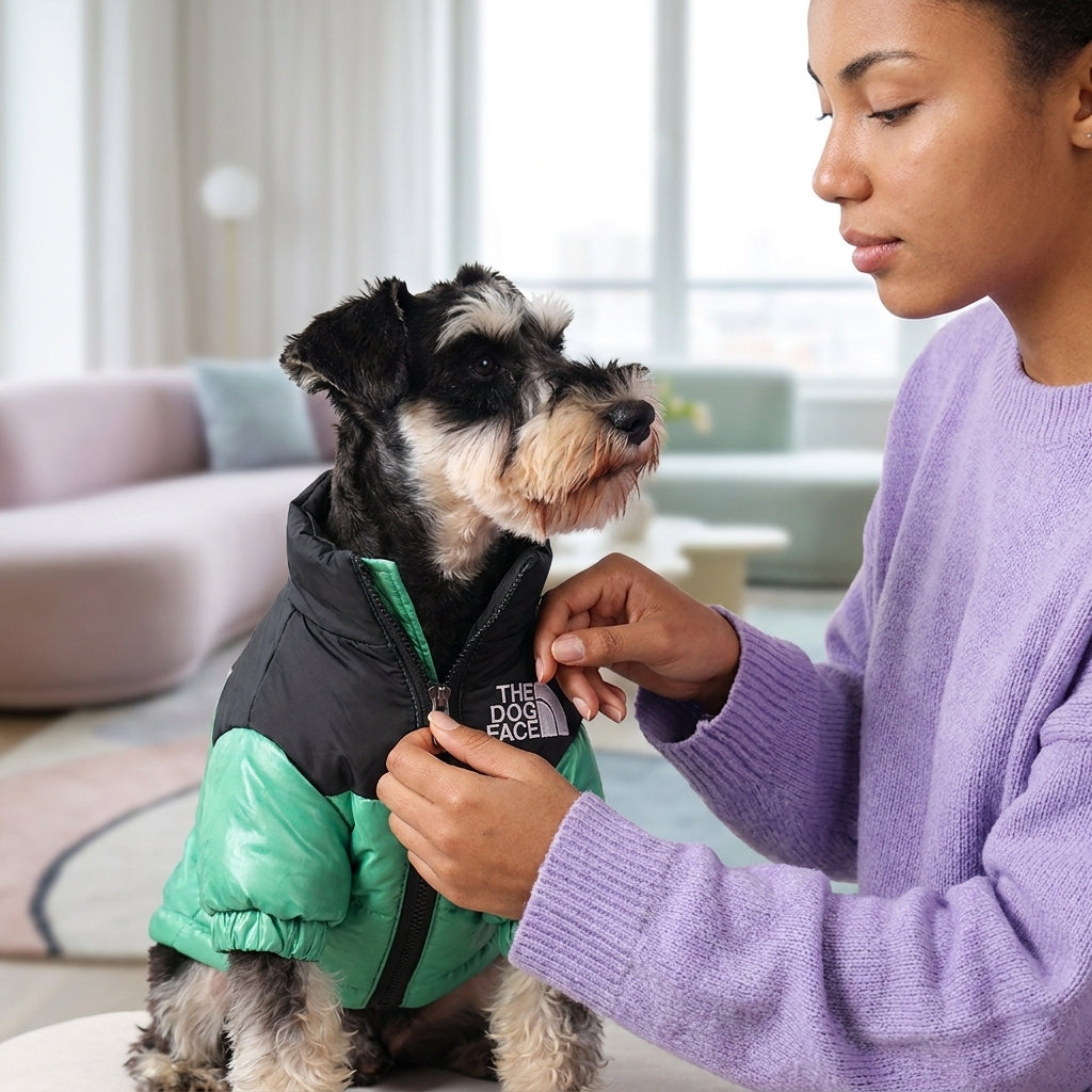 Dog wearing jackets for dogs in winter, showing the snug velcro chest strap fit and warm inner lining.