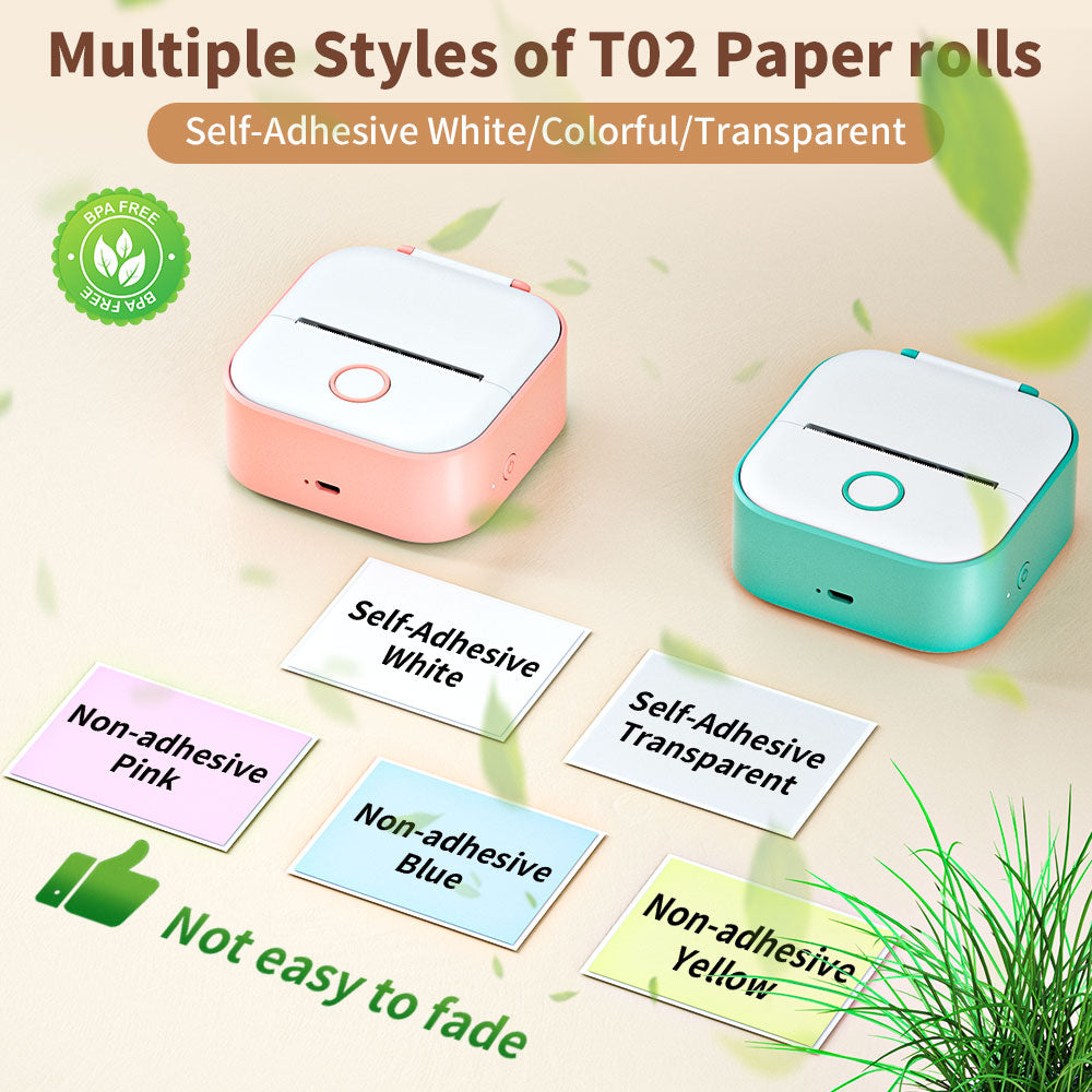 Label machines compatible paper roll varieties shown for the T02 printer, including standard and self-adhesive thermal label rolls.