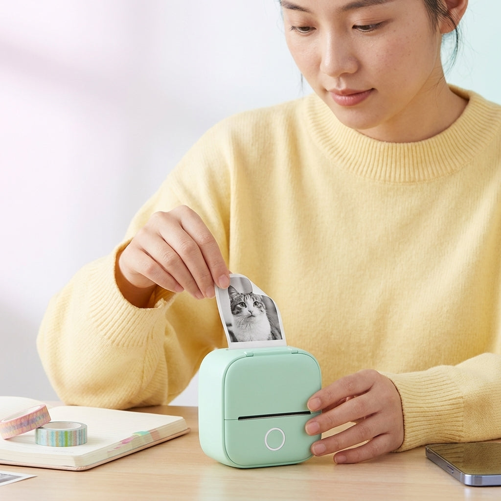 Woman using the label maker at her desk, printing self-adhesive labels via the Bluetooth app on her smartphone.