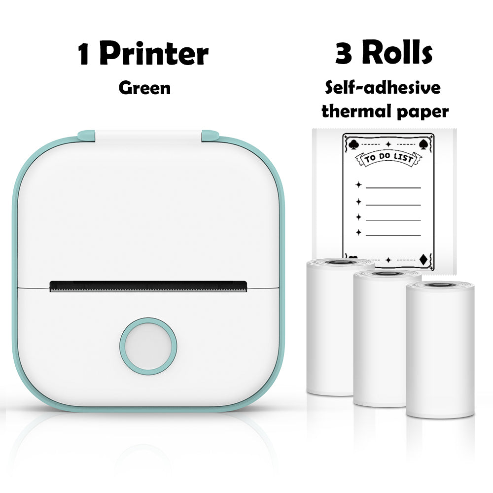 Green label maker shown with 3 rolls of self-adhesive thermal paper included, ready to print custom labels and stickers straight out of the box.