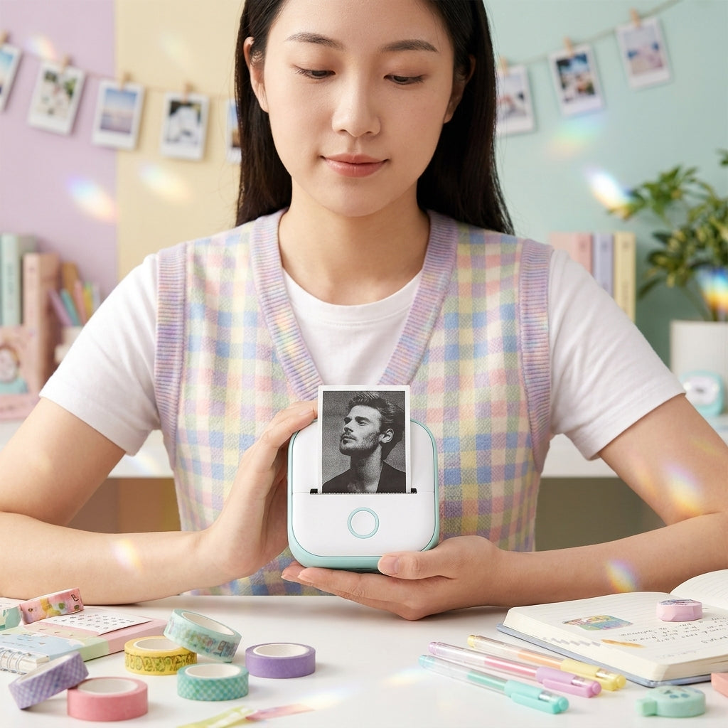 Woman holding a printed photo from the label maker printer, with a wall display of printed thermal photos in the background.
