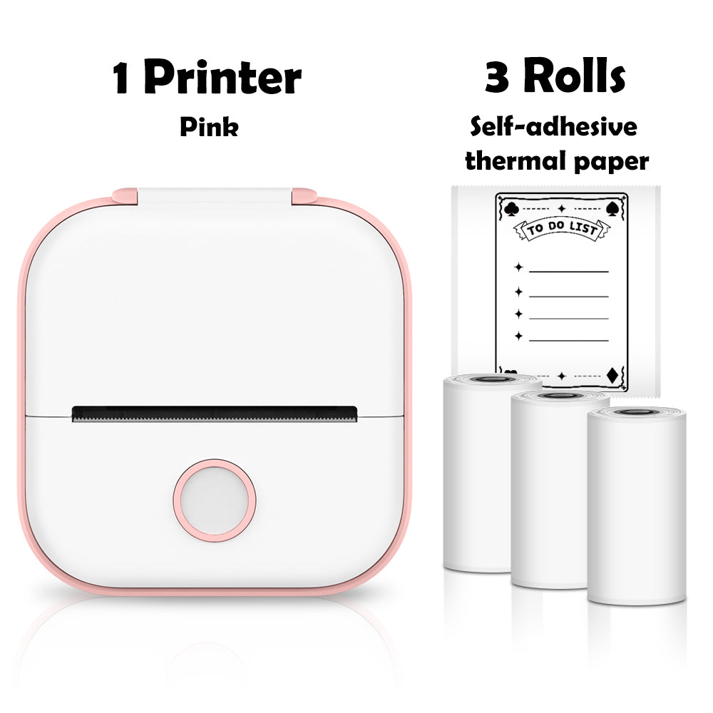 Pink label printer shown with 3 rolls of self-adhesive thermal paper, ideal for home organisation, to-do lists, and custom labels.