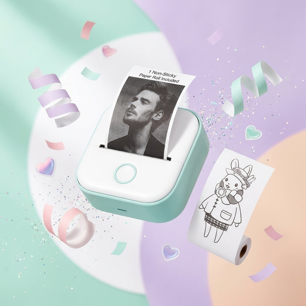 Label printer printing a portrait photo on thermal paper, shown on a colourful pastel background with sticker-style output.