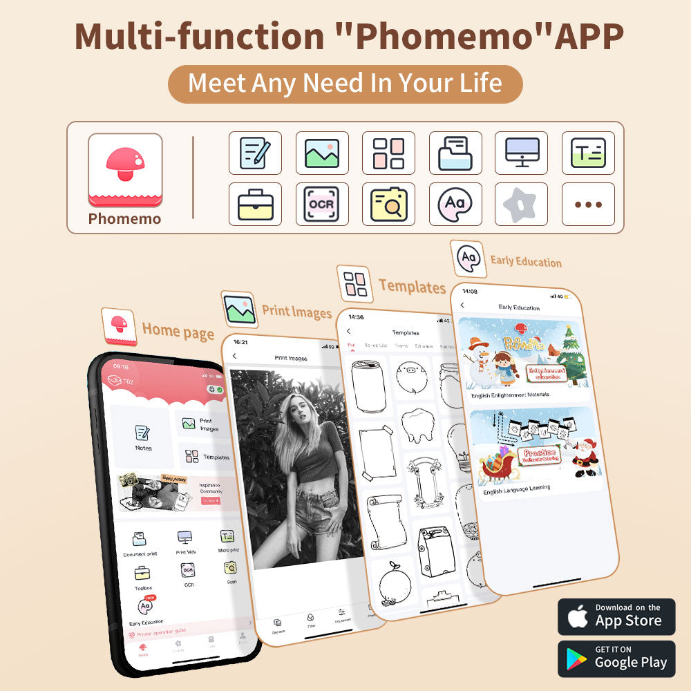 Label printing machine app interface showing 1000+ templates for custom labels, photos, QR codes, and stickers.