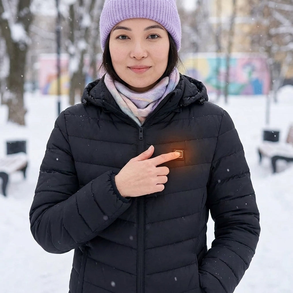 Woman outdoors wearing a ladies heated jacket, pointing to the smart temperature control button.