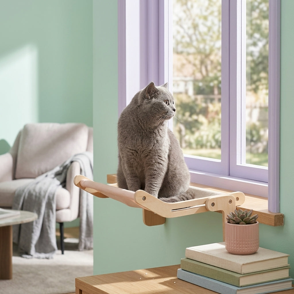 Large cat hammock securely holding a big gray cat looking out the window.