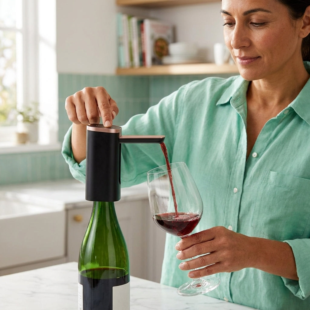 Woman using the liquor dispenser for home bar entertaining, pouring a precise measure of red wine with a single press.