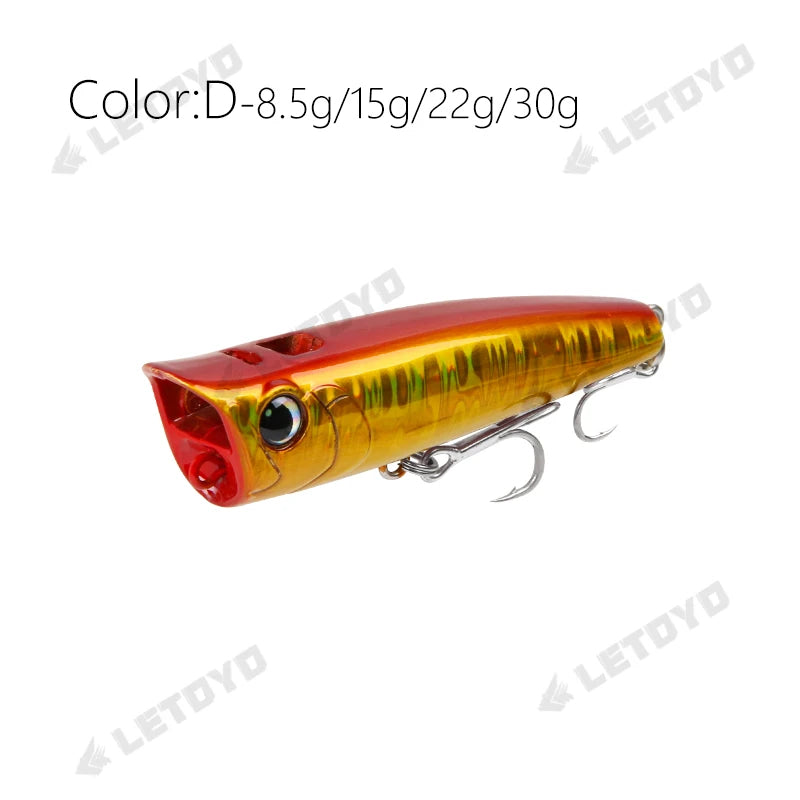 Topwater popper lures colour D - chartreuse yellow-green finish, a proven colour for largemouth bass bait.