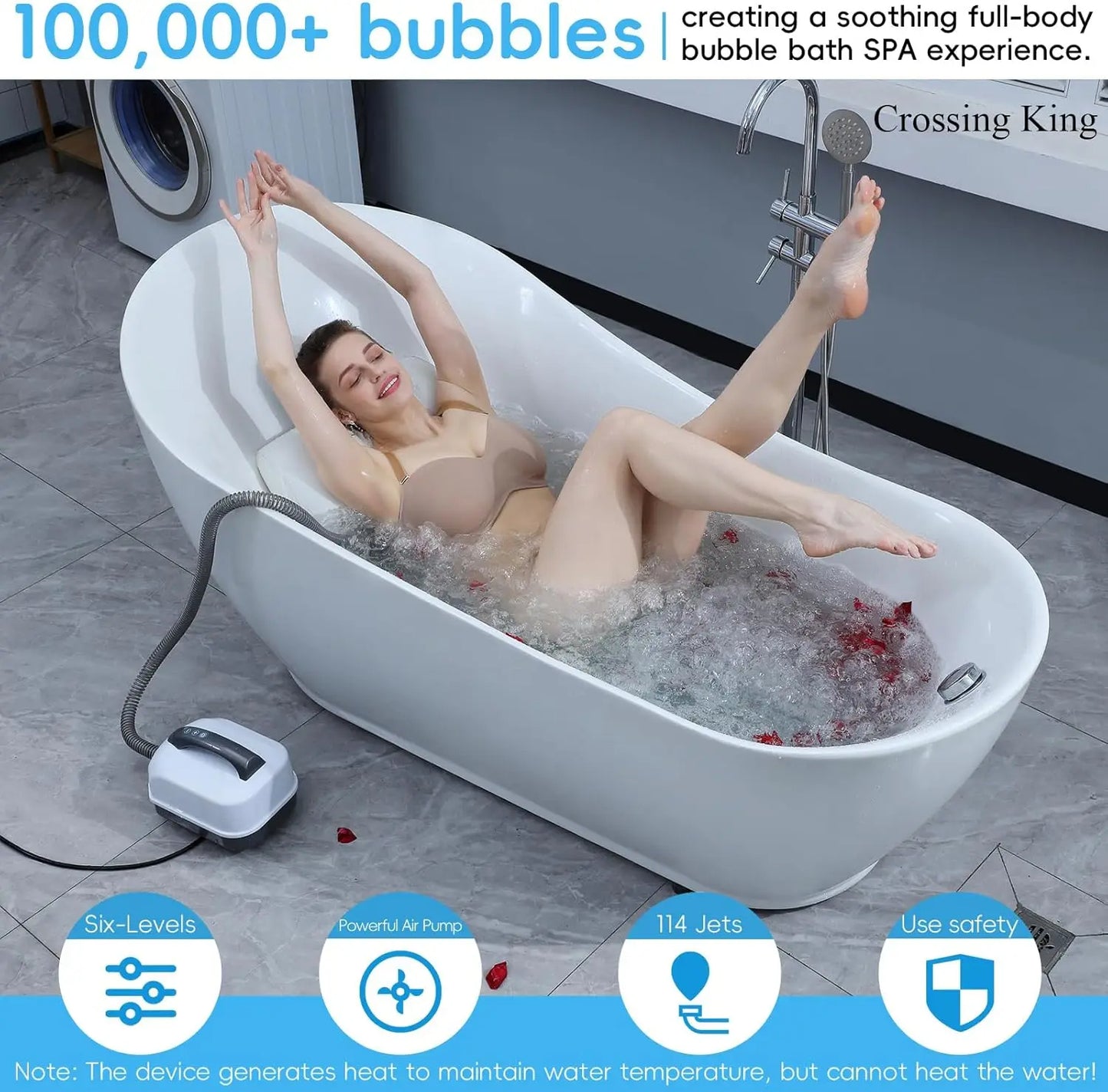 Infographic showing the luxury bath mat spa benefits including 6 speed settings, neck pillow support, and 114 air jets for a 10-minute at-home spa experience.