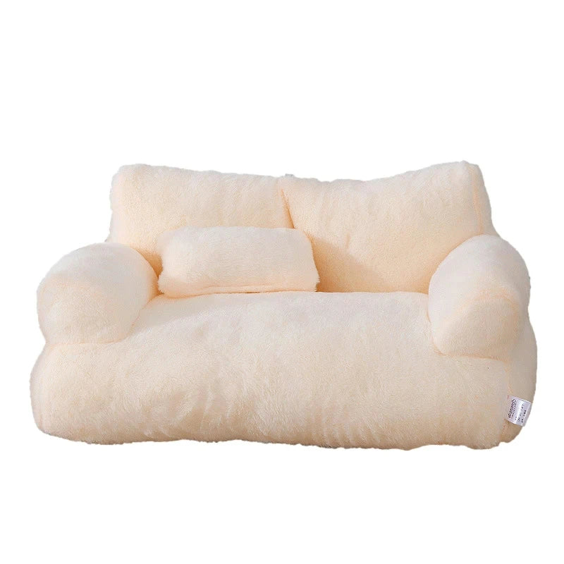 Luxury cat bed in beige plush, shown with a matching cushion on a clean white background - available in 2 sizes and 4 colours.