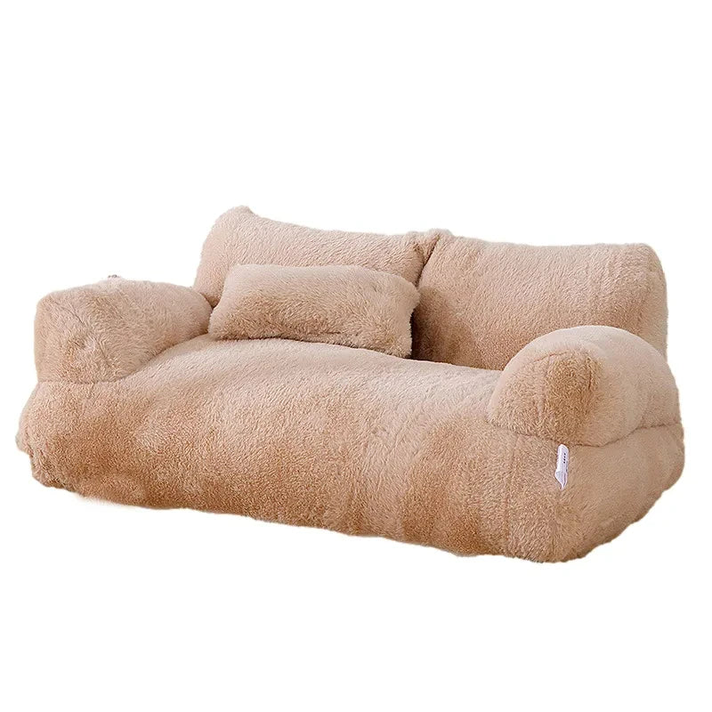 Luxury cat bed in khaki plush, shown with a matching cushion on a clean white background - available in 2 sizes and 4 colours.