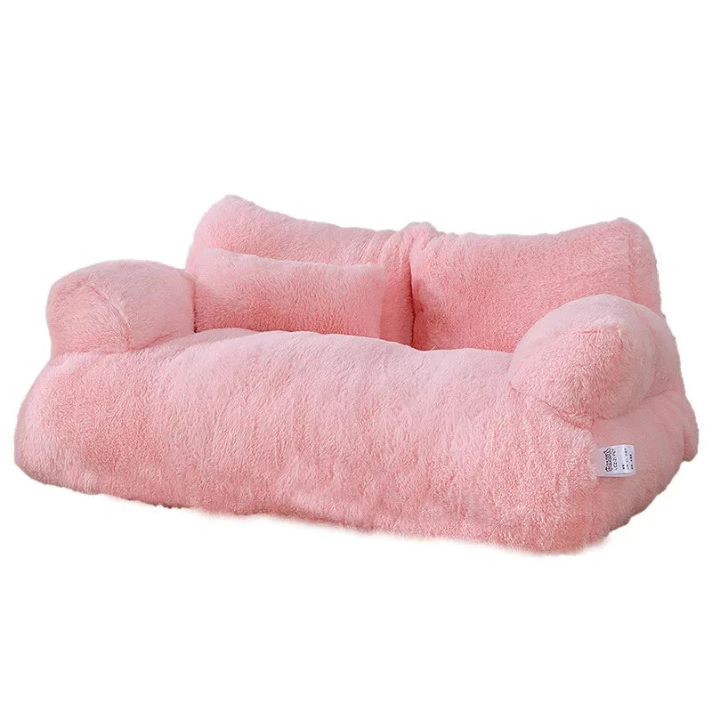 Luxury cat bed in pink plush, shown with a matching cushion on a clean white background - available in 2 sizes and 4 colours.