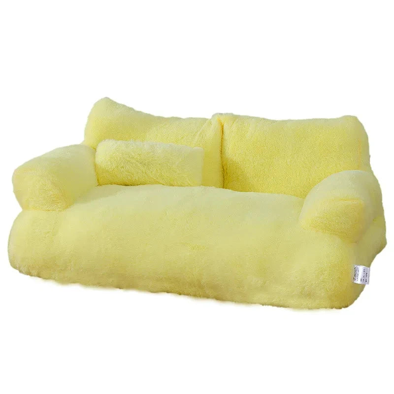 Luxury cat bed in yellow plush, shown with a matching cushion on a clean white background - available in 2 sizes and 4 colours.