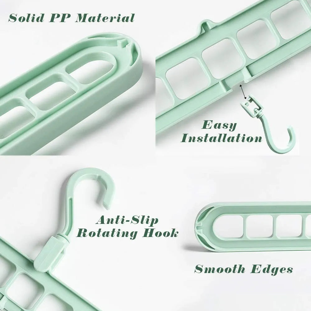 Magic hangers infographic showing both vertical and horizontal hanging modes, with 9 slots for shirts, trousers, and dresses on a single hanger.
