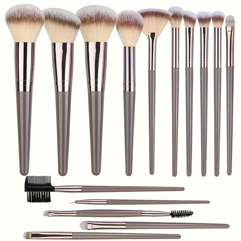 15-piece make up brush set flat lay showing all cosmetic brushes including the bronzer brush, contour brush, mascara wand, and brow comb.