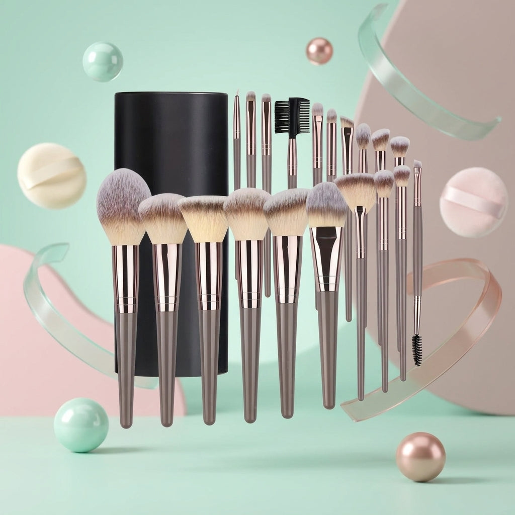 20-piece make up brush set displayed in a holder on a pastel background, showing the full range of cosmetic brushes included.