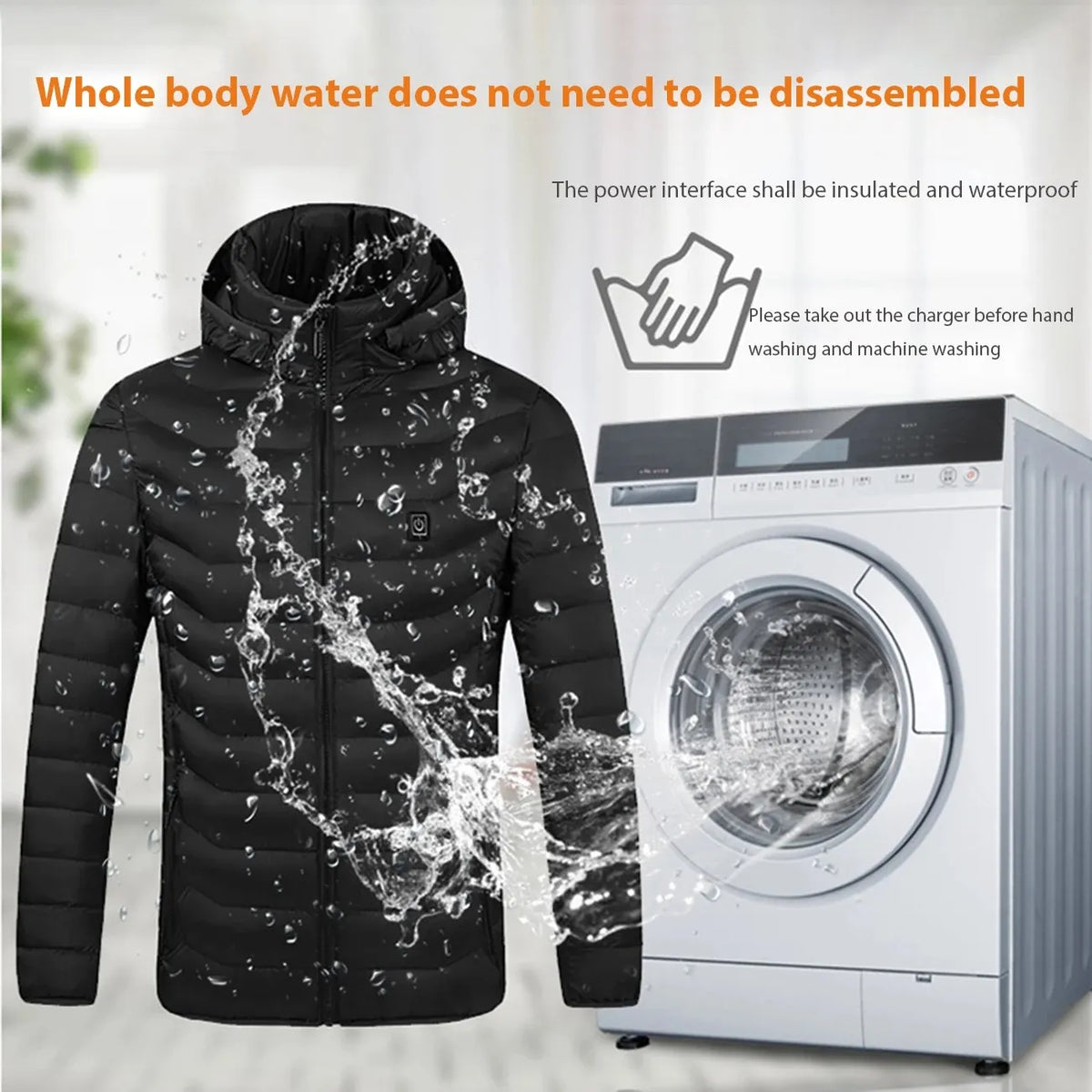 Graphic showing that this men's heating jacket is completely machine washable.