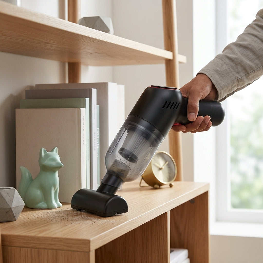 Mini vacuum being used on a home bookshelf, showing its versatility for both car and home cleaning tasks.