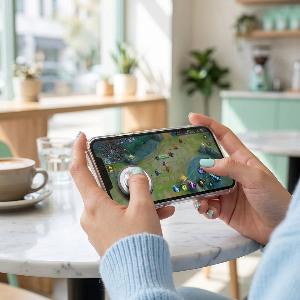 Mobile controller attached to an iPhone screen during a PUBG gaming session, showing the 360° joystick in active use.