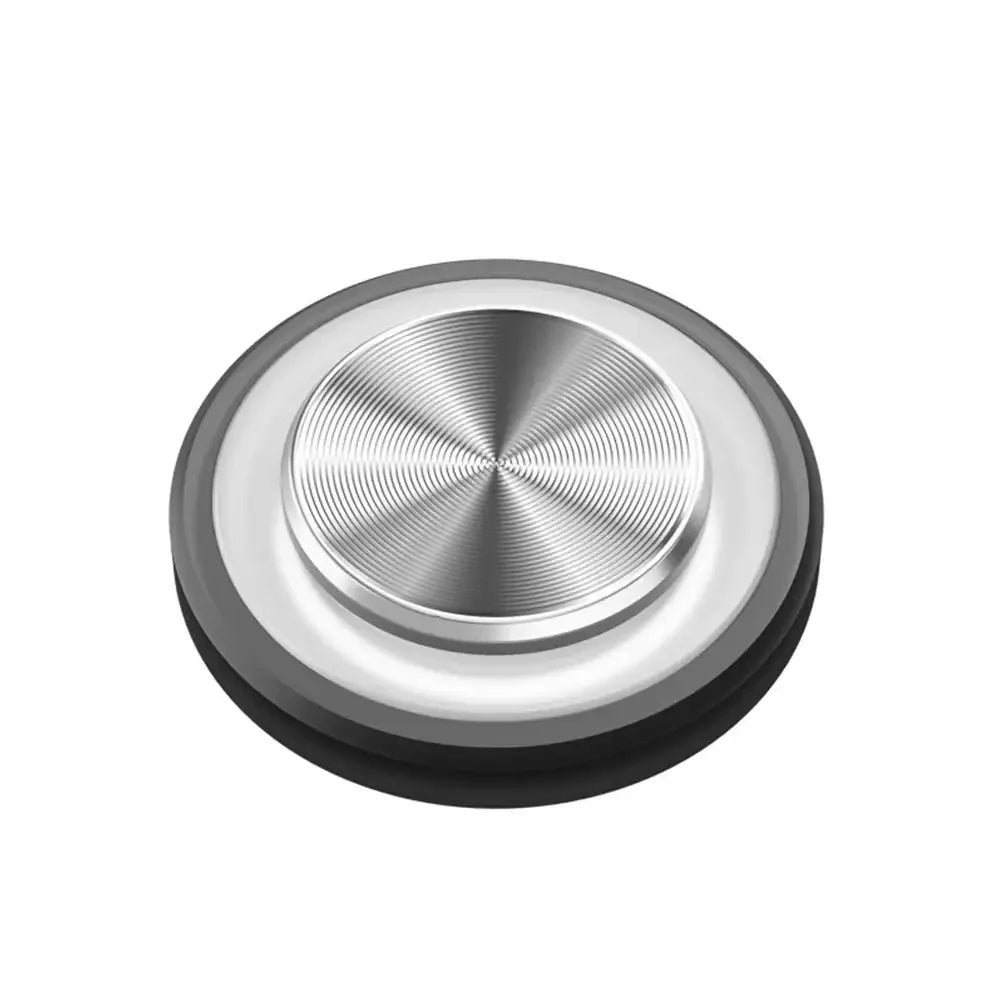 Black 360° mobile gaming controller shown top-down on a white background, highlighting the precision metal joystick button