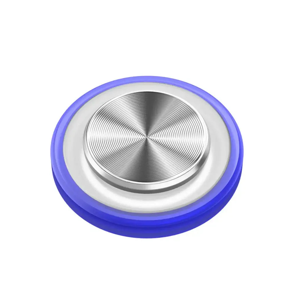 Blue 360° mobile gaming controller shown top-down on a white background, highlighting the precision metal joystick button