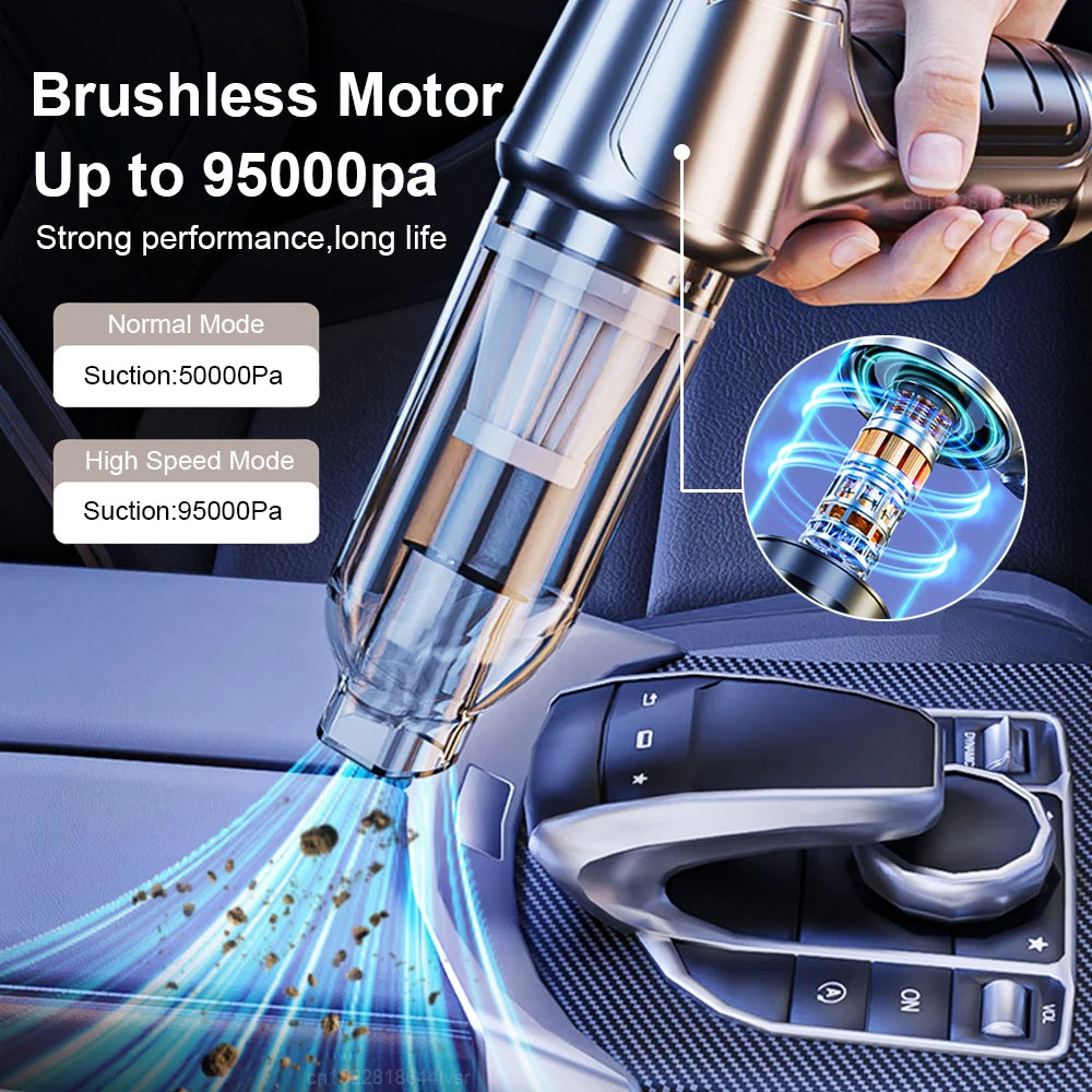 Technical specification infographic for the most powerful handheld vacuum, showing 95000PA suction and brushless motor at 35500rpm.