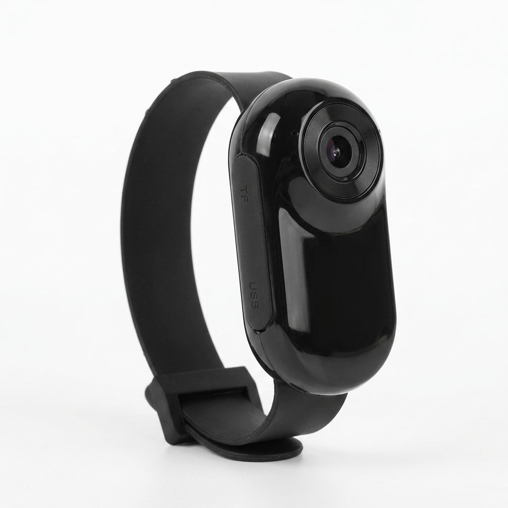 Side view of the black pet collar camera showing the 1080p lens and adjustable silicone strap.