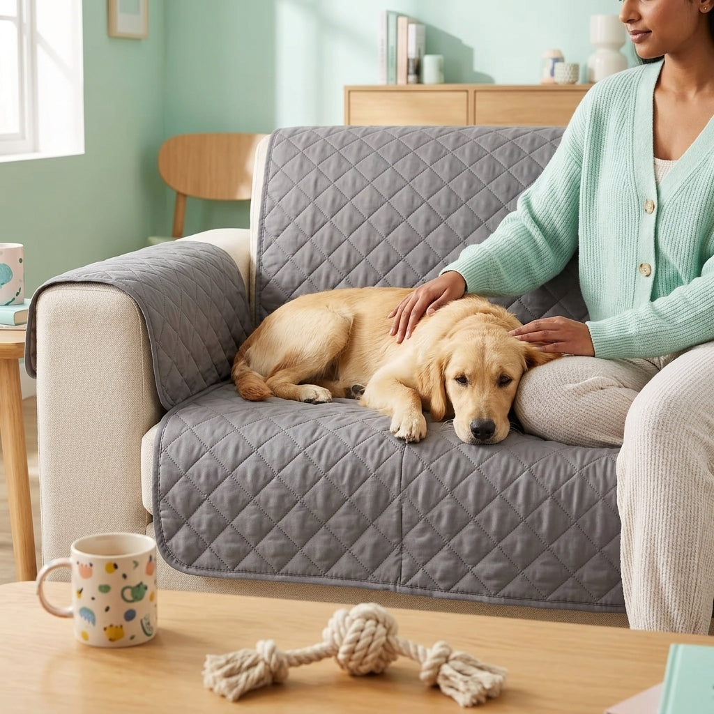 Golden retriever relaxing on a sofa protected by the pet couch cover, showing the durable waterproof surface resisting pet hair and claws