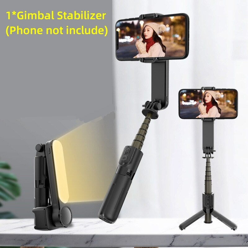 Black phone gimbal stabilizer shown fully extended with LED fill light on and tripod legs deployed, phone not included.