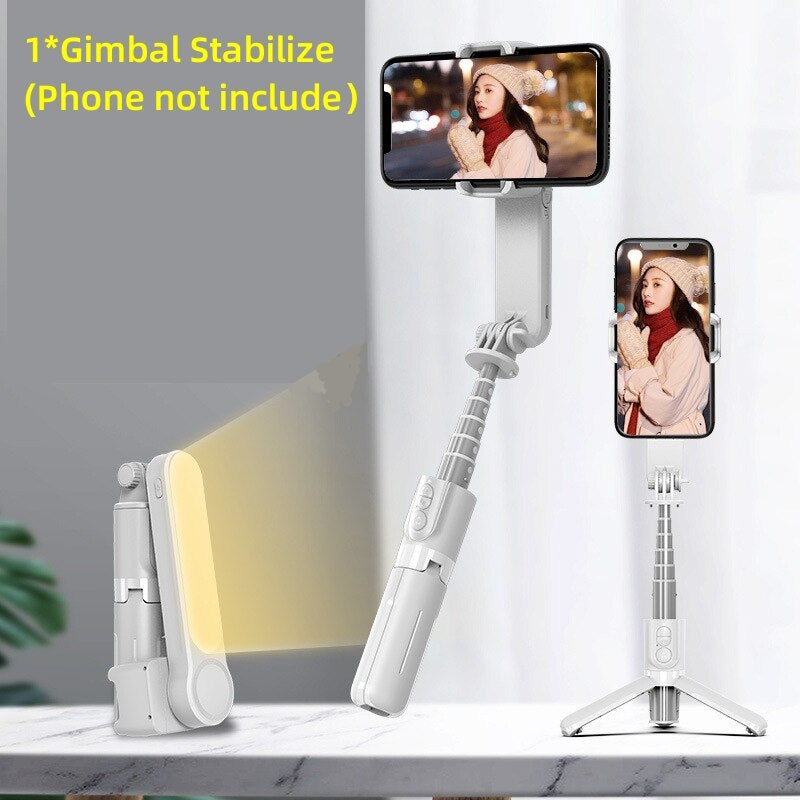 White phone gimbal stabilizer shown fully extended with LED fill light on and tripod legs deployed, phone not included.