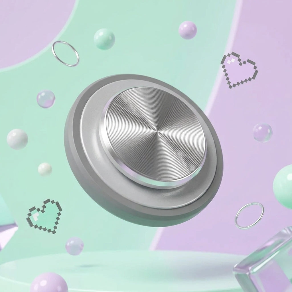 Phone joystick shown from the side on a pastel background, displaying the strong suction base that attaches directly to the phone screen.